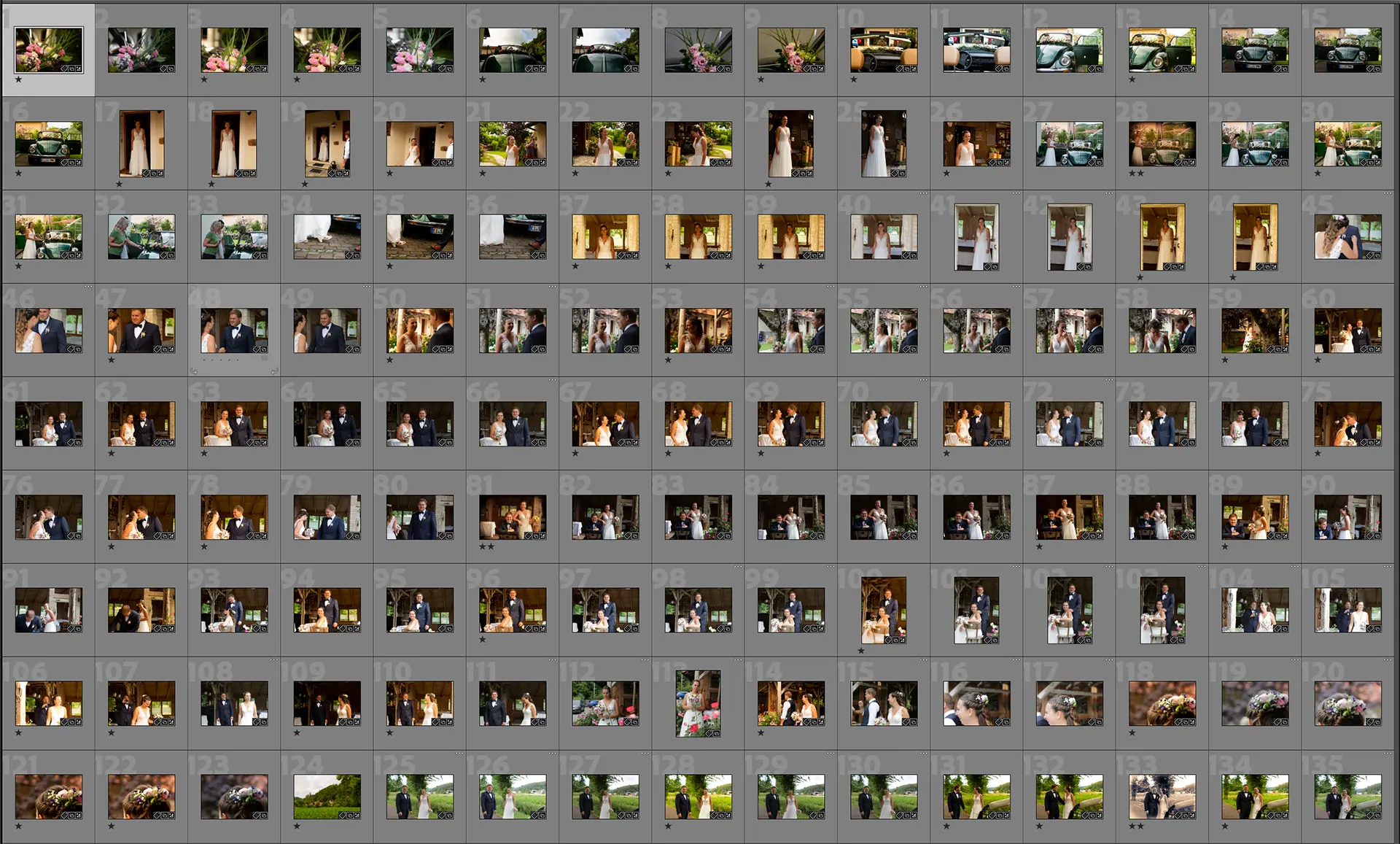 Ein Screenshot aus dem Programm Lightroom auf dem lauter kleine Vorschaubilder einer Hochzeit zu sehen sind.