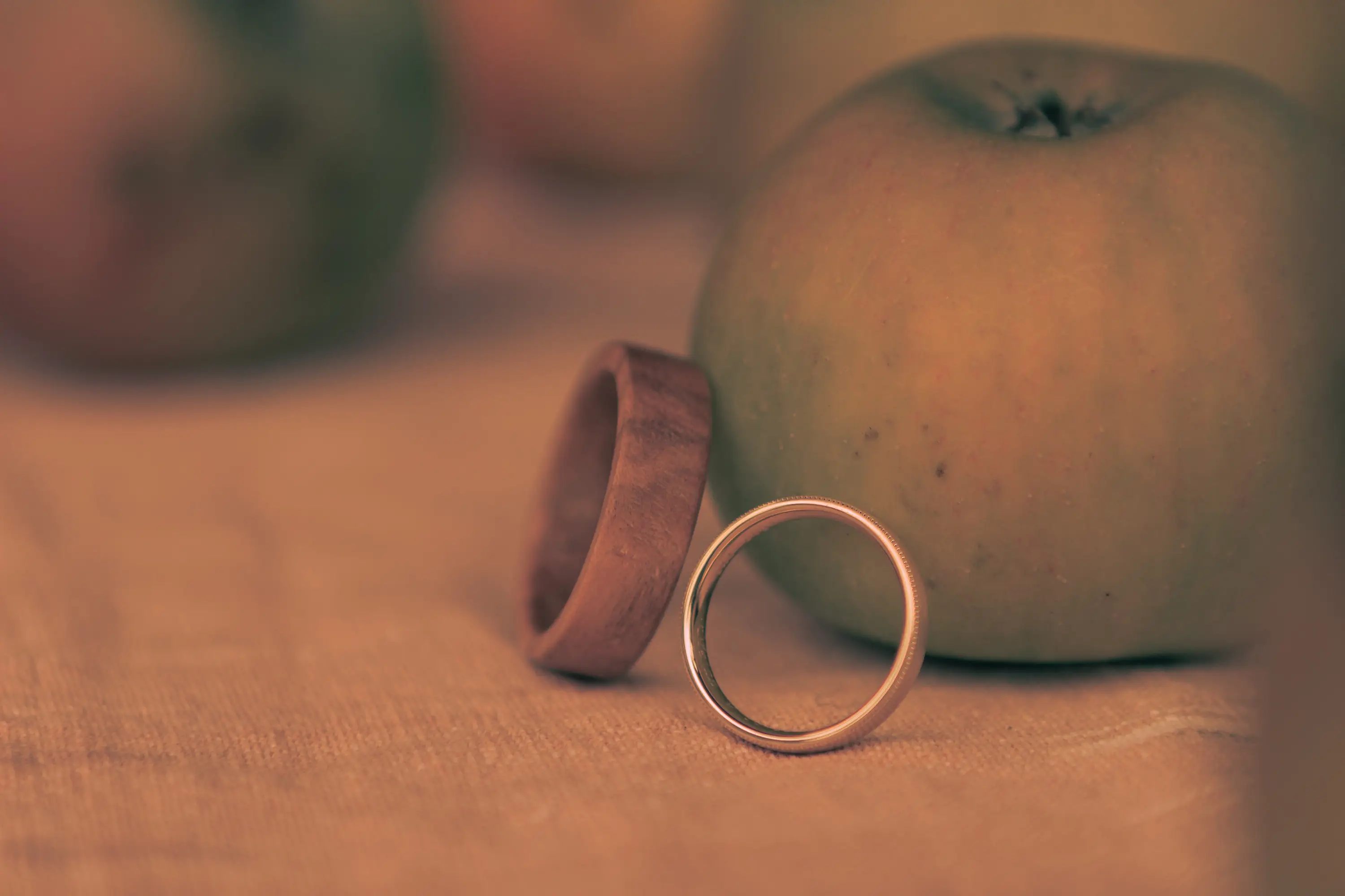Nahaufnahme der Eheringe, die an einen Apfel lehnen. Der größere der beiden Ringe ist aus Holz.